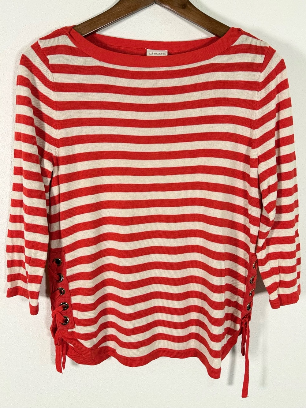 Chico’s Coral White Striped Lace Up Sweater Top Nautical Size 1 Medium